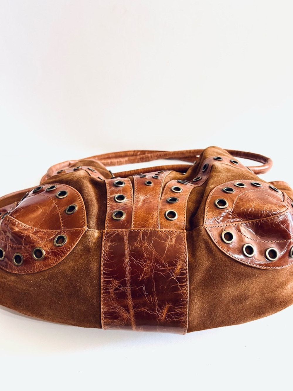 La Chic Brown Suede & Leather Shoulder Bag with Grommet Detail - Picture 9 of 10